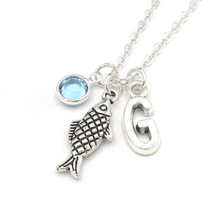 Fish Necklace- birthstone and initial, Fish Jewelry, Fish Gift, I Love Fishing, Fish Gift for Her, Silver Fish Pendant, Trout Bass Fishing