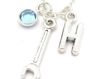 Wrench Necklace- birthstone and initial, Tool Charm Necklace, Tool Jewelry, Handywoman Gift, Plumber Jewelry, Mechanic Jewelry, Wrench Gift