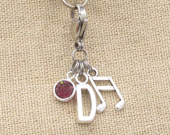Music Zipper Charm- birthstone and initial, Music Zipper Pull, Music Bag Charm, Music Accessories, Piano Bag Charm, Music Notes Gift for Her