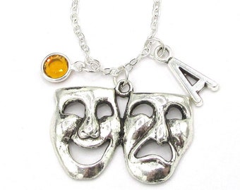 Drama Necklace- birthstone and initial, Drama Jewelry, Drama Gift, Comedy Tragedy, Drama Mask Charm, Drama Mask Necklace, Theater Teacher