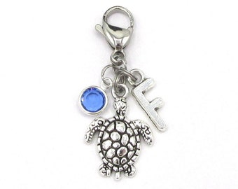 Turtle Zipper Charm- choose a birthstone and initial, Personalized Zipper Charm, Turtle Zipper Pull, Sea Turtle Charm, Turtle Bag Charm