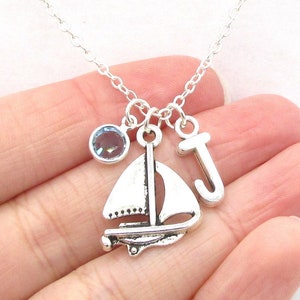Sailboat Necklace- birthstone and initial, Sailboat Jewelry, Sailing Necklace, Boat Necklace, Boat Jewelry, Sailing Birthday Gift for Her