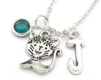 Cat Necklace- birthstone and initial, Cat Jewelry, Cat Gift, Personalized Cat, Personalized Jewelry, Cat Birthstone, Cat Birthday Party Gift