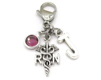 RN Zipper Charm- birthstone and initial, Personalized rn Charm, RN Zipper Pull, RN Bag Charm, Nurse Zipper charm, Nurse Accessories for Her
