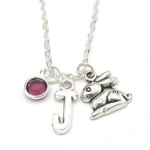 Rabbit Necklace- birthstone and initial, Rabbit Jewelry, Rabbit Gift, Personalized Rabbit, Rabbit Charm, Bunny Necklace, Rabbit Birthday