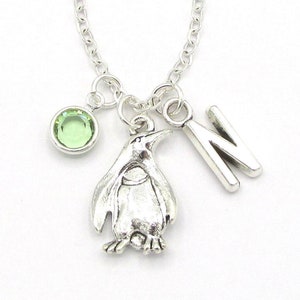 Penguin Necklace- birthstone and initial, Penguin Charm Jewelry, Penguin Birthday, Penguin Gift, Animal Necklace, Animal Jewelry, Antarctica