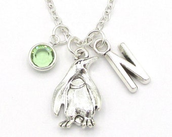 Penguin Necklace- birthstone and initial, Penguin Charm Jewelry, Penguin Birthday, Penguin Gift, Animal Necklace, Animal Jewelry, North Pole