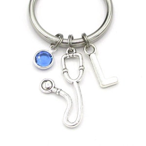 Stethoscope Keychain- birthstone and initial, Doctor Keyring, Gift for Doctors, Medical Doctor Accessories, Nurse EMT Paramedic Charm Gift