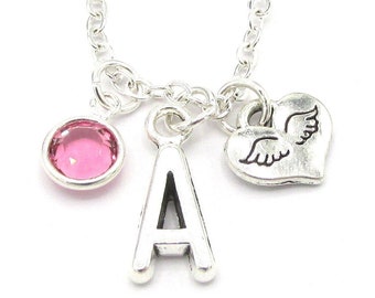Angel Wings Necklace- birthstone and initial, Memorial Necklace, Memorial Loss Gift, Baby in Heaven Memorial Gift, In Memory Of, Mourning