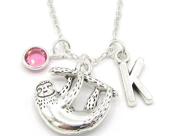 Sloth Necklace- birthstone and initial, Sloth Jewelry, Sloth Gift, Sloth Charm, Personalized Necklace, Animal Jewelry, Sloth Birthday Gift