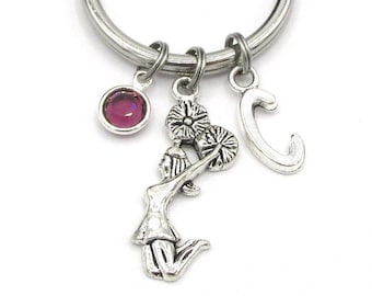 Cheerleader Keychain- birthstone and initial, Cheerleader Keyring, Cheerleader Charm, Cheerleader Gift, Cheer Keychain, Cheer Mom, Sports