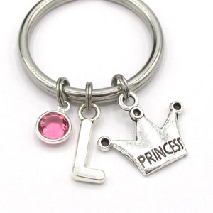 Princess Keychain- birthstone and initial, Princess Crown Keyring, Princess Birthday Gift, Princess Accessories, Royalty Accessories for Her