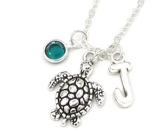 Sea Turtle Necklace- birthstone and initial, Sea Turtle Jewelry, Turtle Gift, Turtle Necklace, Turtle Jewelry, Turtle Charm, Ocean Jewelry