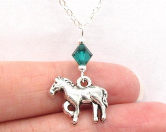 Horse Necklace- choose a birthstone, Horse Pendant, Horse Jewelry, Horse Gift, Horse Charm, Pony Necklace, Pony Jewelry, Horse Birthstone