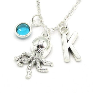 Octopus Necklace- birthstone and initial, Octopus Jewelry, Octopus Gift, Octopus Charm, Ocean Jewelry, Ocean Gift, Octopus Birthday Nautical