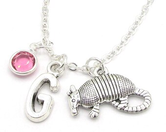 Armadillo Necklace- birthstone and initial, Armadillo Jewelry, Armadillo Gift, Armadillo Gift, Texas Gift, Animal Jewelry, Armadillo Charm