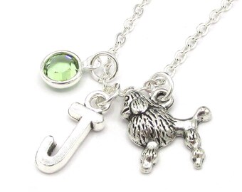 Poodle Necklace- birthstone and initial, Personalized Poodle Jewelry, Poodle Gift, Personalized Poodle, Poodle Charm, Dog Necklace, Dog Gift