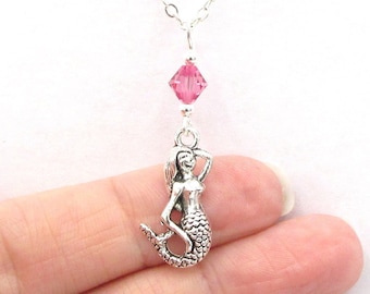 Mermaid Necklace- choose a birthstone, Mermaid Jewelry, Mermaid Pendant, Mermaid Birthday Gift, Silver Mermaid Necklace, Ocean Beach Jewelry