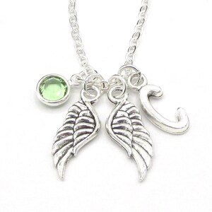 Memorial Necklace- birthstone and initial, Wing Jewelry, Wing Necklace, Gift for Mourning, Loss of Loved One, Angel Wing Jewelry for Her