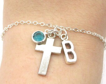 Cross Bracelet- birthstone and initial, Silver Cross Jewelry, Cross Gift, Crucifix Charm, Christian Gift, Christian Bracelet Gift for Her