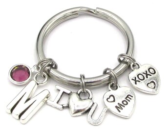 I Love Mom Keychain- birthstone and initial, Mother's Day Gift for Mom, Gifts for Mom, Mom Birthday, Mom Keyring, I Love You Mom Accessories