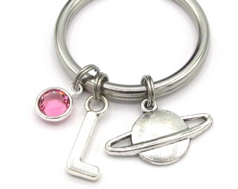 Saturn Keychain- birthstone and initial, Planet Keyring, Outerspace Birthday Gift, Planet Accessories, Astronaut Galaxy Charm Keyring