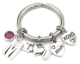 I Love Mom Keychain- birthstone and initial, Mother's Day Gift for Mom, Gifts for Mom, Mom Birthday, Mom Keyring, I Love You Mom Accessories