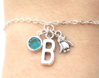 Penguin Bracelet- birthstone and initial, Tiny Penguin Jewelry, Penguin Gift, Penguin Birthday, Personalized Penguin Gift, Winter Gift