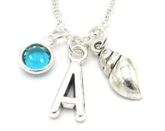 Seashell Necklace- birthstone and initial, Seashell Jewelry, Seashell Charm, Beach Birthday, Beach Accessories, Seashell Ocean Charm Gift
