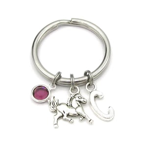 Horse Keychain- birthstone and initial, Pony Keyring, Horse Accessories, Galloping Horse Charm, Horse Birthstone Keyring, Horse Gift for Her