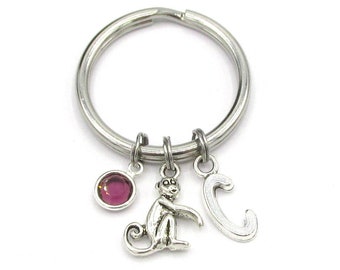 Monkey Keychain- choose a birthstone and initial, Monkey Keyring, Monkey Gift, Monkey Charm, Monkey Birthstone, Personalized Monkey
