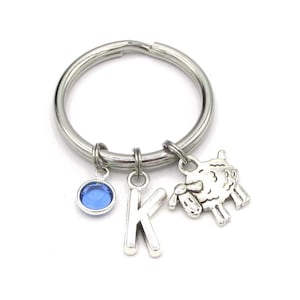 Sheep Keychain- birthstone and initial, Sheep Keyring, Sheep Charm, Sheep Gift, Lamb Keychain, Christian Keychain, Christian Gift for Her