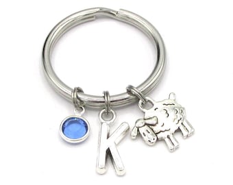 Sheep Keychain- birthstone and initial, Sheep Keyring, Sheep Charm, Sheep Gift, Lamb Keychain, Christian Keychain, Christian Gift for Her