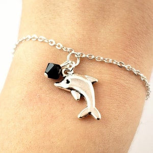 Dolphin Bracelet- choose a birthstone, Dolphin Jewelry, Dolphin Gift, Dolphin Accessories, Dolphin Charm Bracelet, Silver Dolphin Bracelet