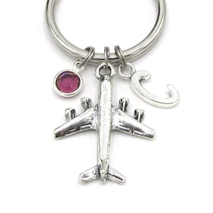 Airplane Keychain- birthstone and initial, Airplane Keyring, Airplane Charm, Pilot Keychain, Flight Attendant, Silver Plane Keychain, Flight
