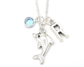 Dolphin Necklace- birthstone and initial, Dolphin Jewelry, Dolphin Charm Jewelry, Dolphin Gift, Silver Dolphin Necklace, Ocean Jewelry