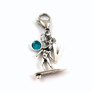 Surfer Zipper Pull- choose a birthstone and initial, Surfer Gift, Personalized Zipper Pull, Surfer Purse Charm, Surfing Bag Charm, Surf Gift