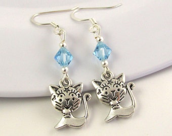 Cat Earrings- choose a birthstone, Cat Jewelry, Cat Charm Earrings, Silver Cat Earrings, Birthstone Cat, Silver Cat Jewelry, Kitty Earrings