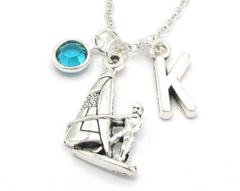Windsurfer Necklace- birthstone and initial, Windsurfing Jewelry, Windsurfing Gift, Windsurfer Charm, Personalized Necklace, Water Sports