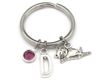 Cat Keychain- birthstone and initial, Cat Keyring, Cat Gift, I Love Cats, Kitty Keychain, Initial Birthstone Keychain, Animal Keychain, Cat