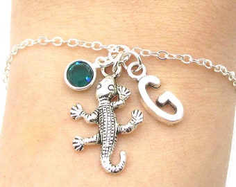 Lizard Bracelet- birthstone and initial, Lizard Jewelry, Lizard Charm Bracelet, Gecko Bracelet, Gecko Jewelry, Personalized Gift for Her