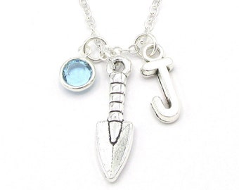 Gardening Necklace- birthstone and initial, Gardening Jewelry, Gardening Gift, I Love to Garden, Spade Necklace, Trowel Gardener Jewelry