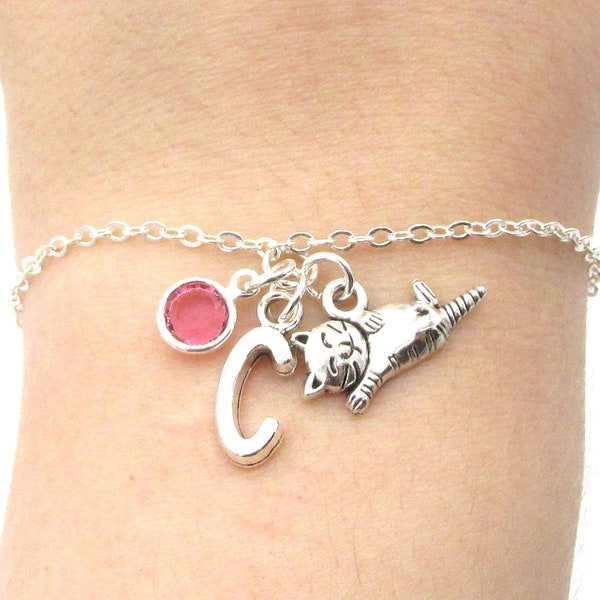 Cat Bracelet- birthstone and initial, Cat Jewelry, Cat Gift, Cat Birthday Gift for Her, Personalized Kitty Cat Kitten, Sleeping Cat Charm