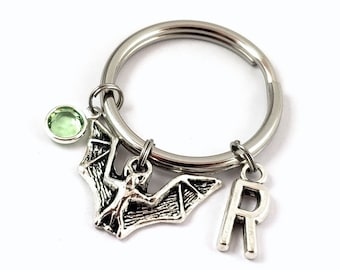 Bat Keychain- choose a birthstone and initial, Bat Keyring, Bat Accessories, Bat Birthday Gift, Halloween Keychain, Halloween Accessories