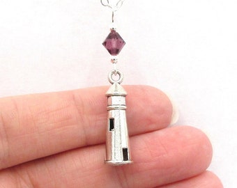 Lighthouse Necklace- choose a birthstone, Lighthouse Pendant, Lighthouse Jewelry, Lighthouse Charm, Nautical Birthday Gift, Ocean Jewelry