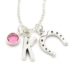 Horseshoe Necklace- birthstone and initial, Horseshoe Jewelry, Horseshoe Gift, Horseshoe Charm, Good Luck Charm, Good Luck Gift, Friendship