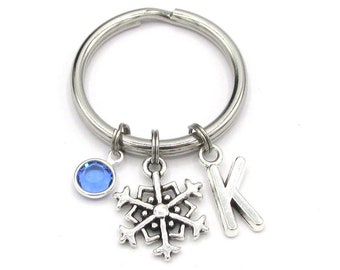 Snowflake Keychain- birthstone and initial, Snowflake Keyring, Snowflake Charm, Winter Keychain, Snowflake Gift, Christmas Gift for Her