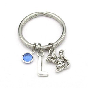 Squirrel Keychain- birthstone and initial, Squirrel Keyring, Squirrel Charm, Squirrel Gift, Animal Keychain, Nutty Gift, Silver Squirrel
