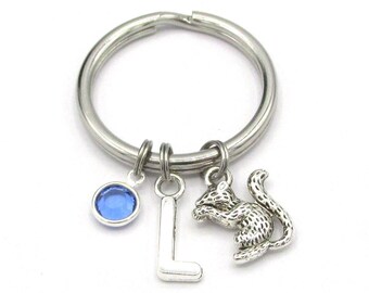 Squirrel Keychain- birthstone and initial, Squirrel Keyring, Squirrel Charm, Squirrel Gift, Animal Keychain, Nutty Gift, Silver Squirrel