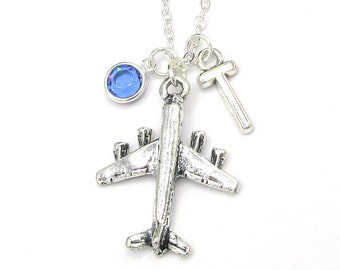 Airplane Necklace- birthstone and initial, Airplane Jewelry, Airplane Gift, Personalized Airplane, Plane Necklace, Plane Jewelry, Stewardess